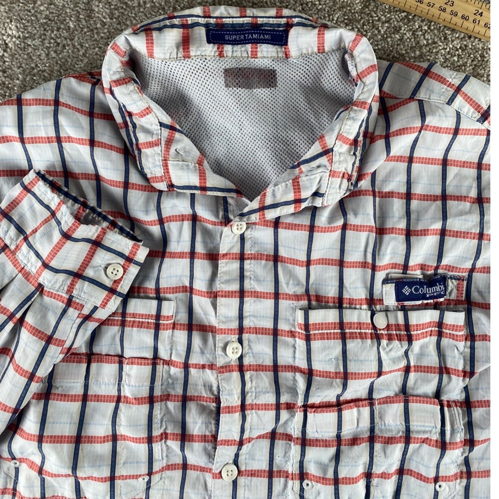 Columbia PFG Super Tamiami Mens XL Long Sleeve Fishing Shirt Plaid Red Blue